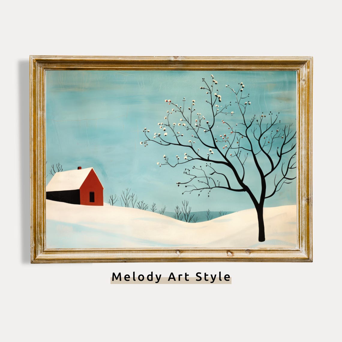 Minimalist Red Barn Snowy Field Bare Tree Folk Art Winter Wall Poster