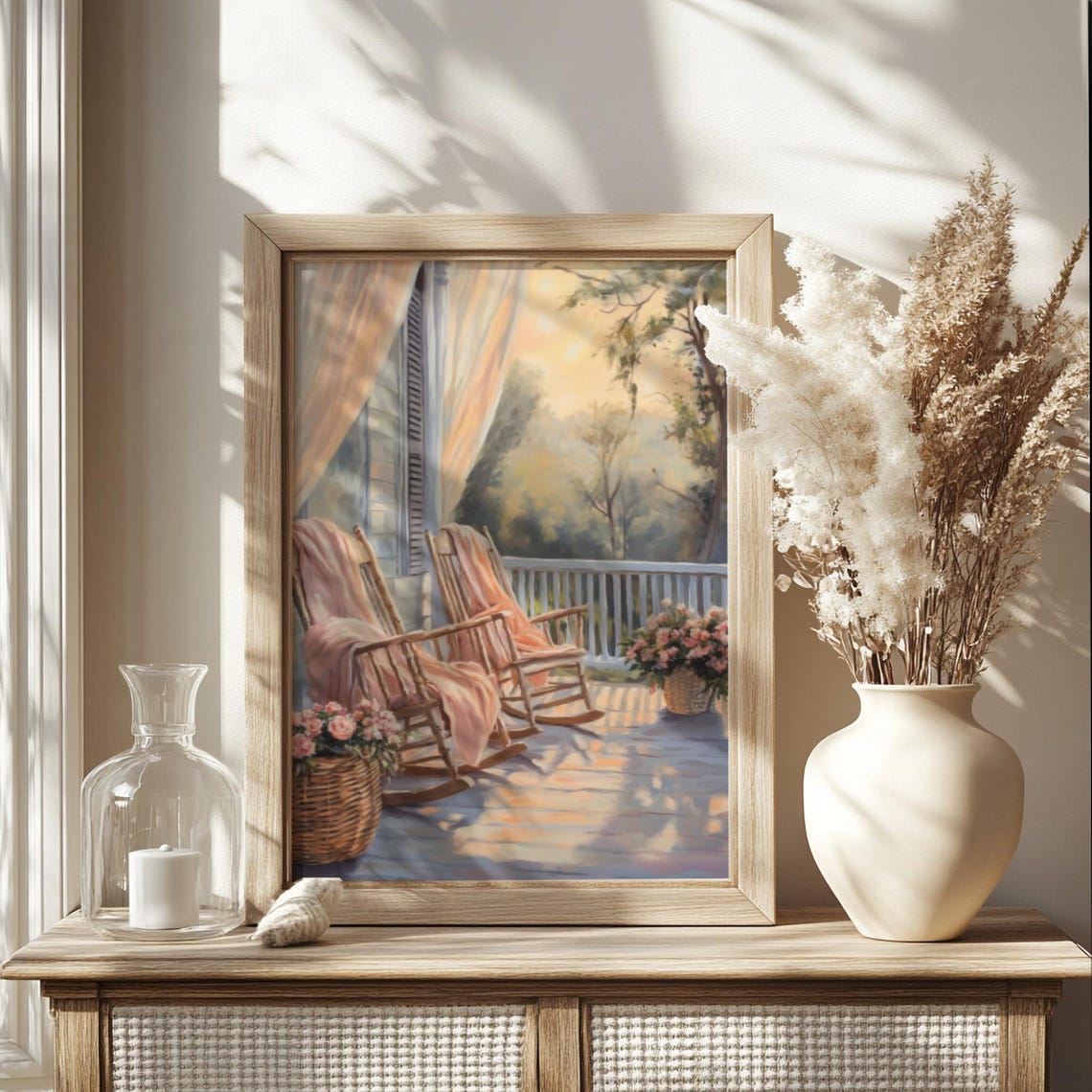 Sunlit Porch Rocking Chairs Pink Roses Golden Light Art Poster - Image 2