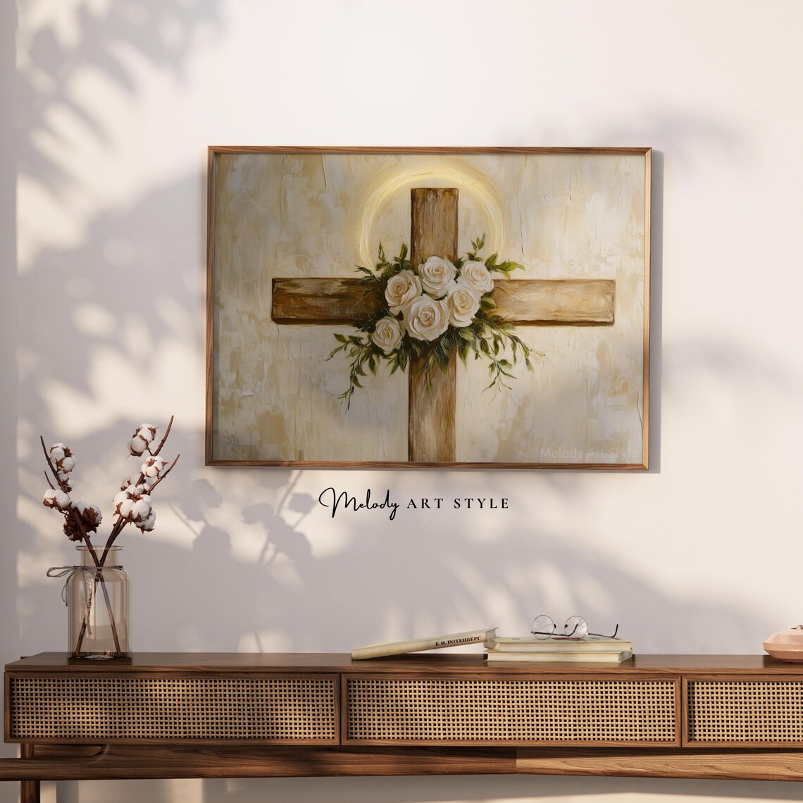 Wooden Cross With White Roses Golden Halo Christian Faith Wall Art - Image 2