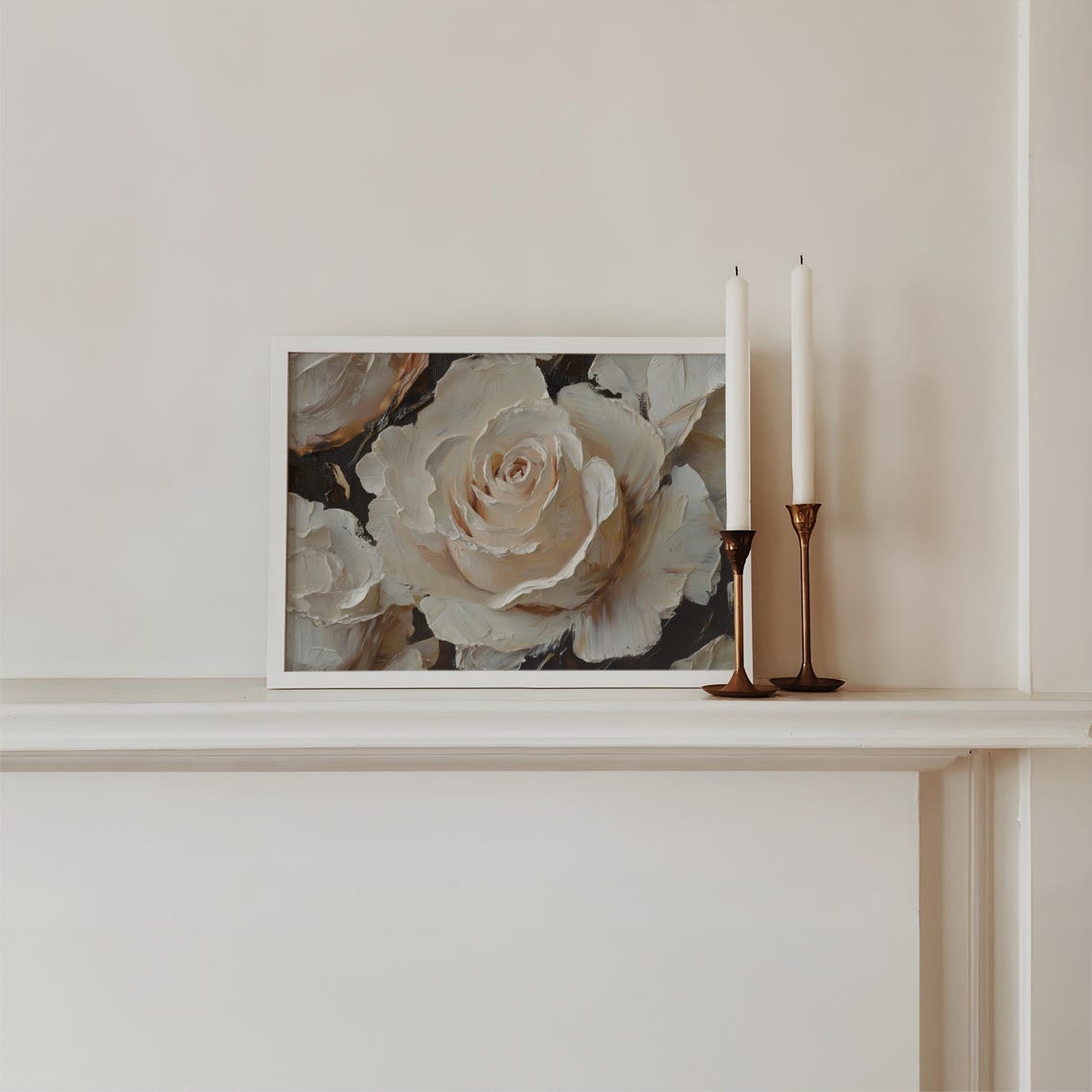 White Rose Painting Romantic Neutral Floral Wall Art Moody Flower Flowers Decor P352 - Image 2