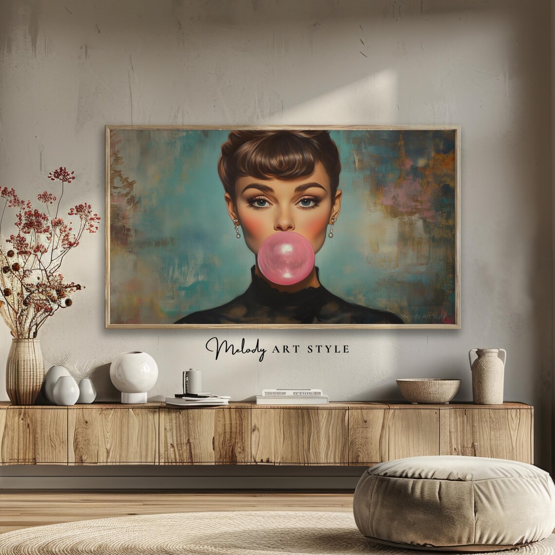 Woman With Bubble Gum Retro Style Portrait Art Print - Image 2