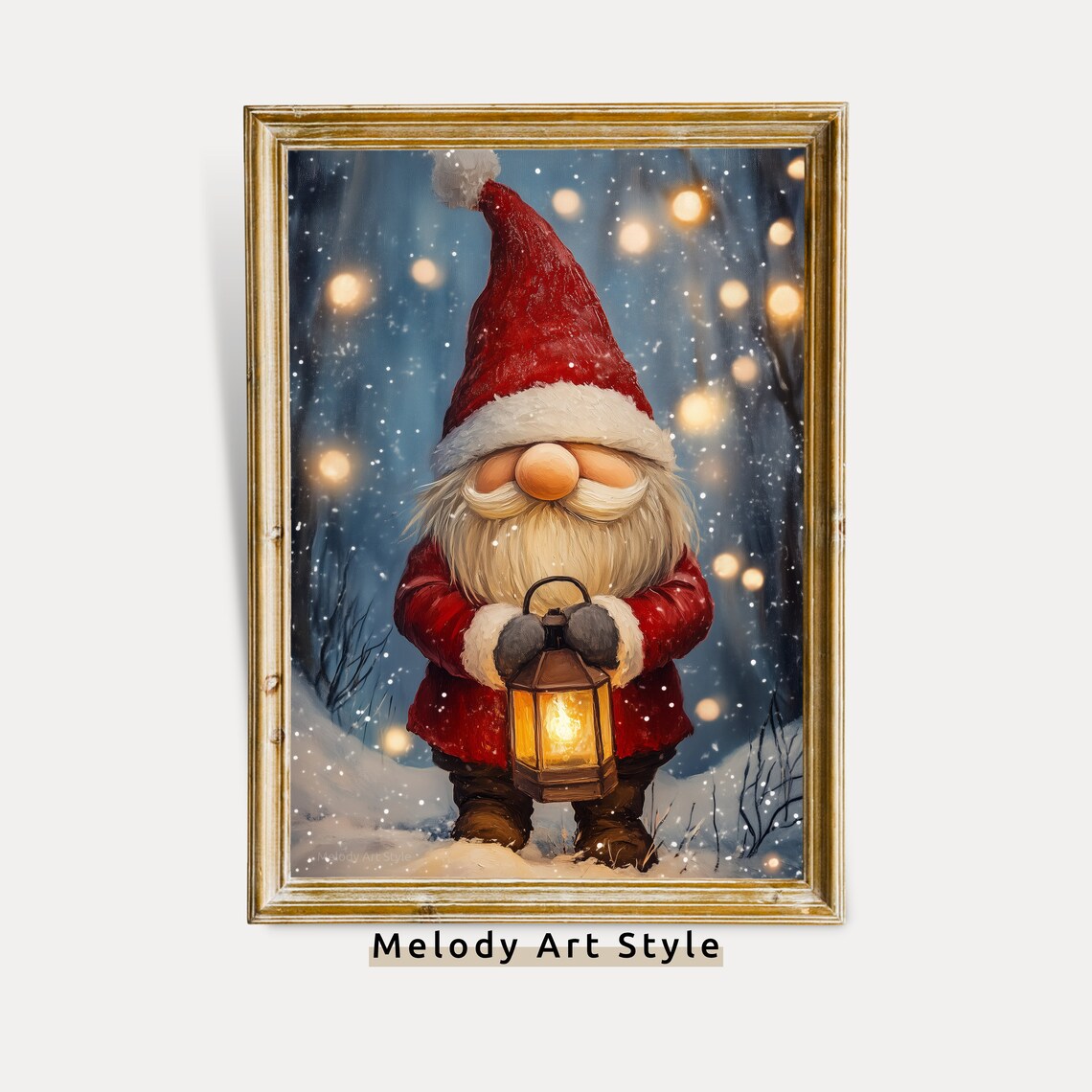 Cute Gnome With Christmas Lantern, Winter Art Print