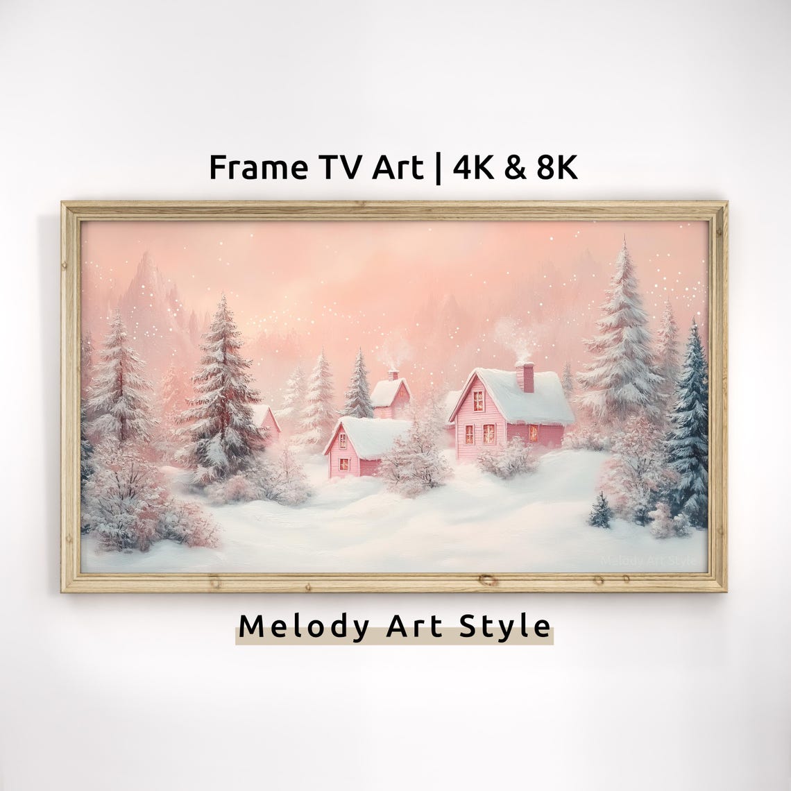 Pastel Pink Winter Wonderland Village Frame Tv Art 4k 8k Winter Oil Painting Dreamy Christmas Landscape Wallpaper For Screensaver F128
