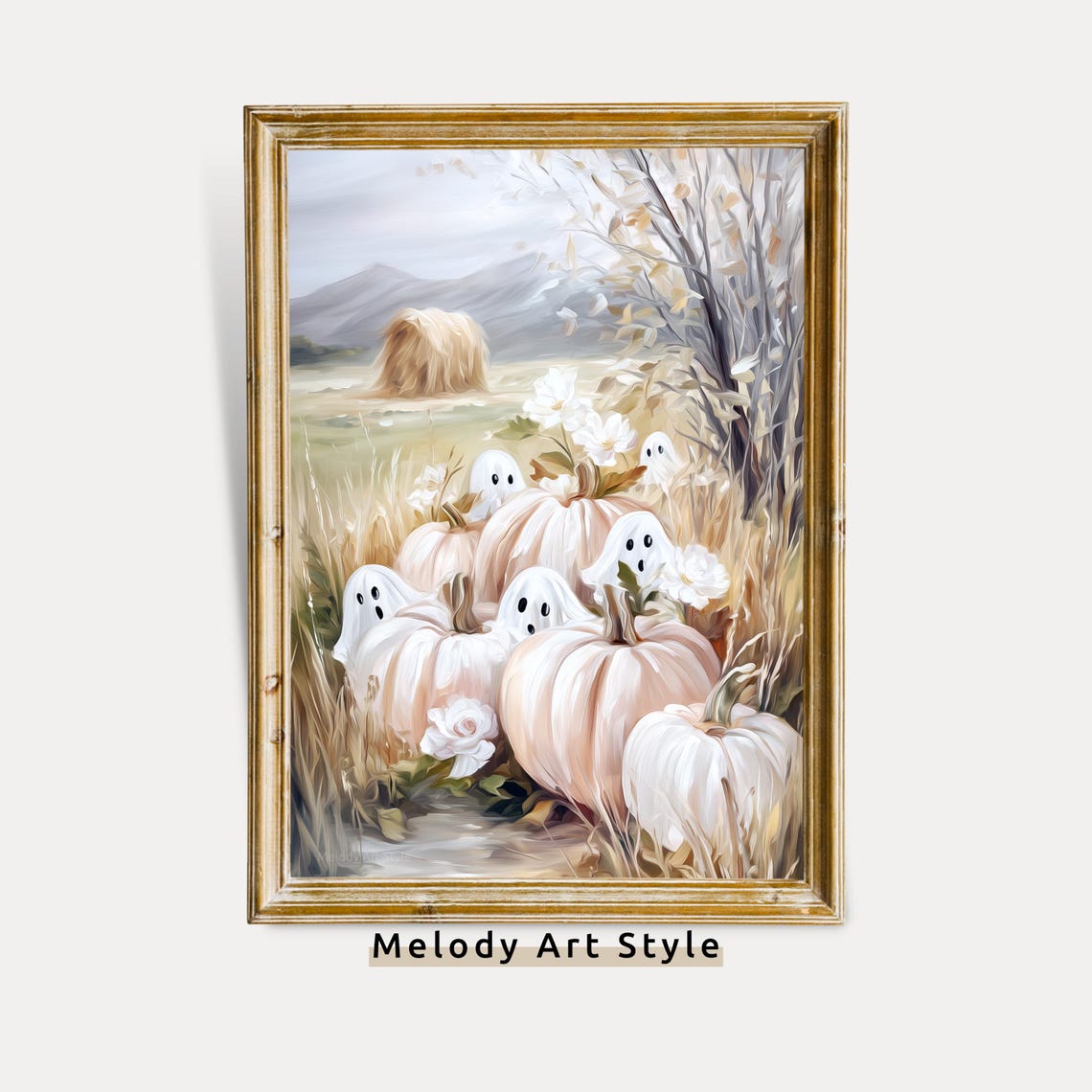 Cute Ghosts Among White Pumpkins In A Fall Meadow Halloween Art Poster