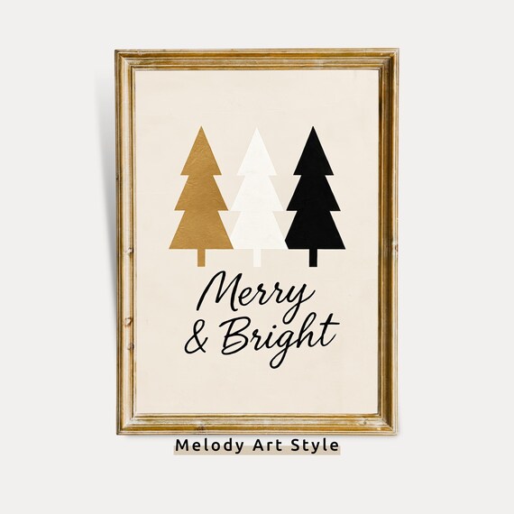 Merry and Bright Scandinavian Modern Gold Christmas Tree Wall Art