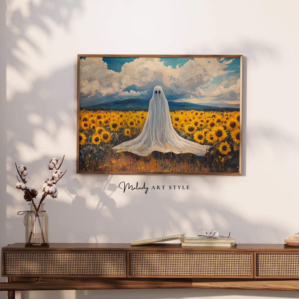 Ghost In Sunflower Field Spooky Surreal Halloween Art Poster - Image 2