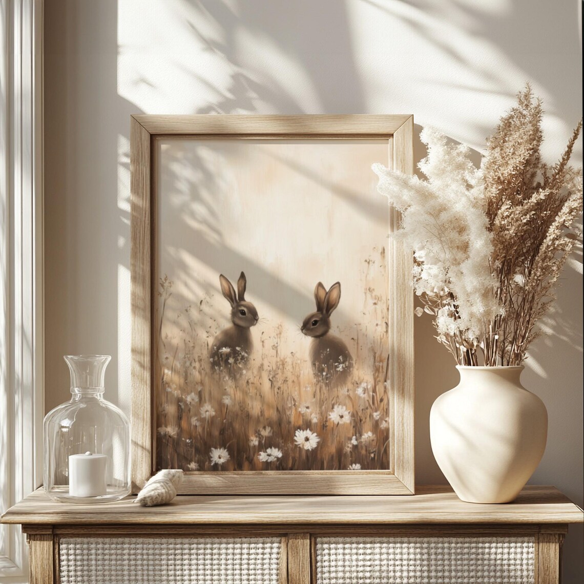 Two Rabbits In Golden Wildflower Field Neutral Farmhouse Bunny Poster - Image 2