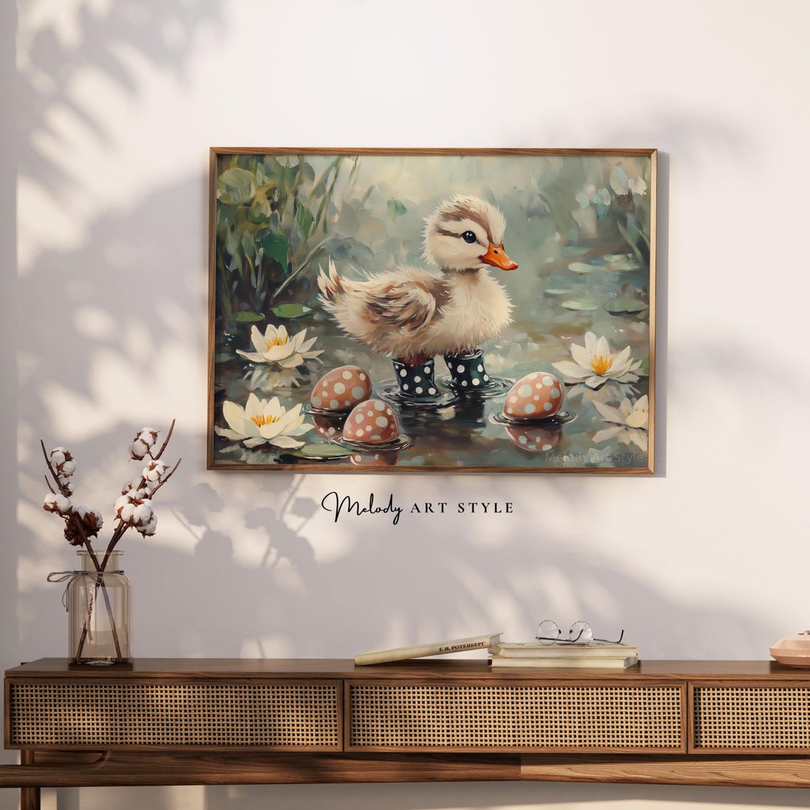 Duckling In Polka Dot Boots Among Water Lilies Cute Spring Art Poster - Image 2