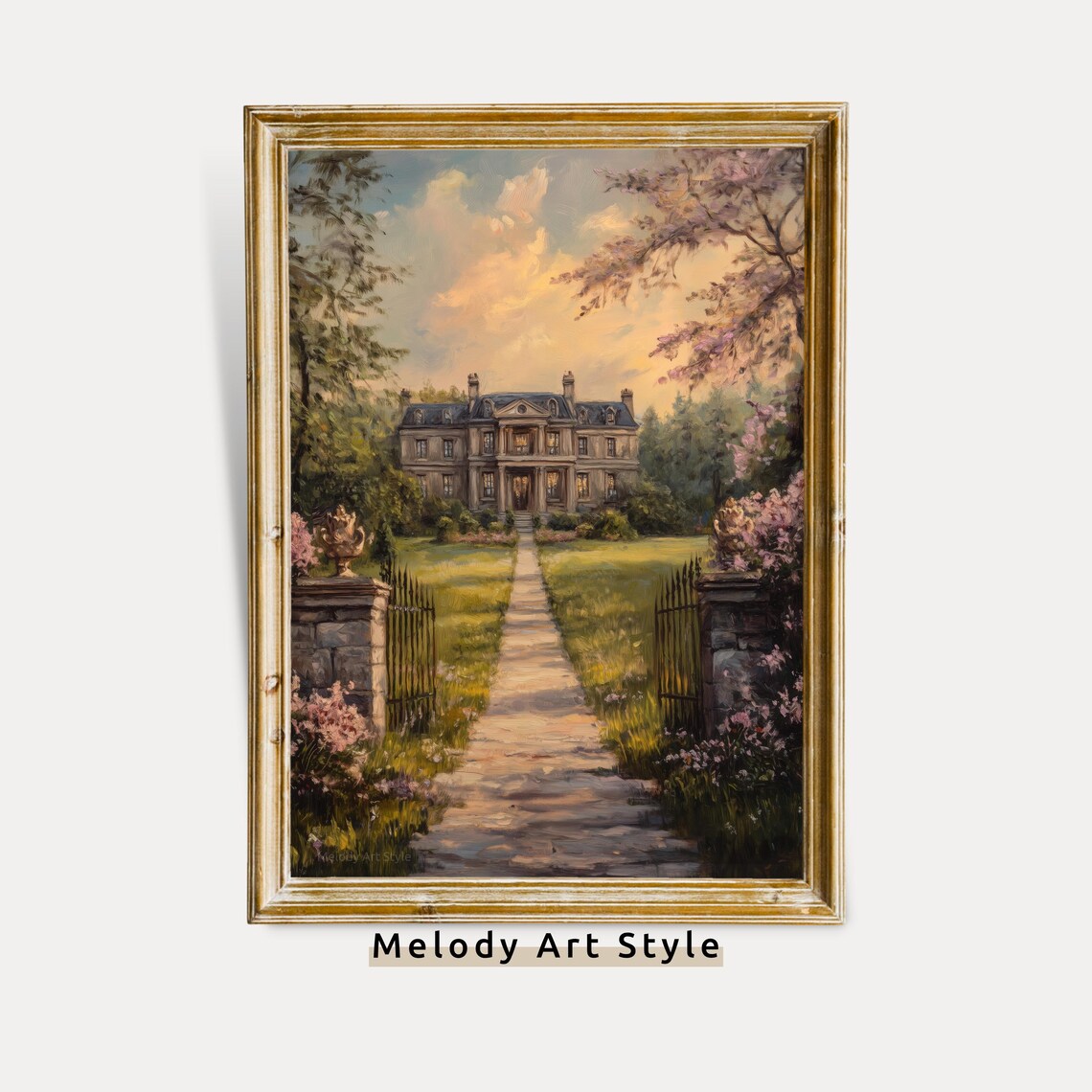 French Country Estate Manor Sunset Garden Path Countryside Art Poster