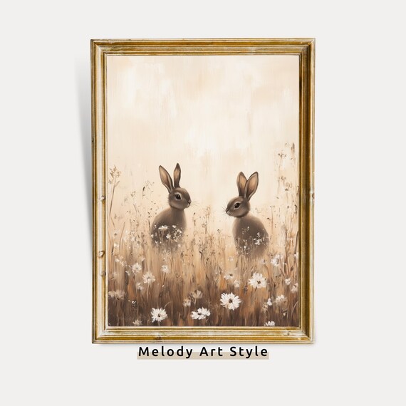 Two Rabbits In Golden Wildflower Field Neutral Farmhouse Bunny Poster