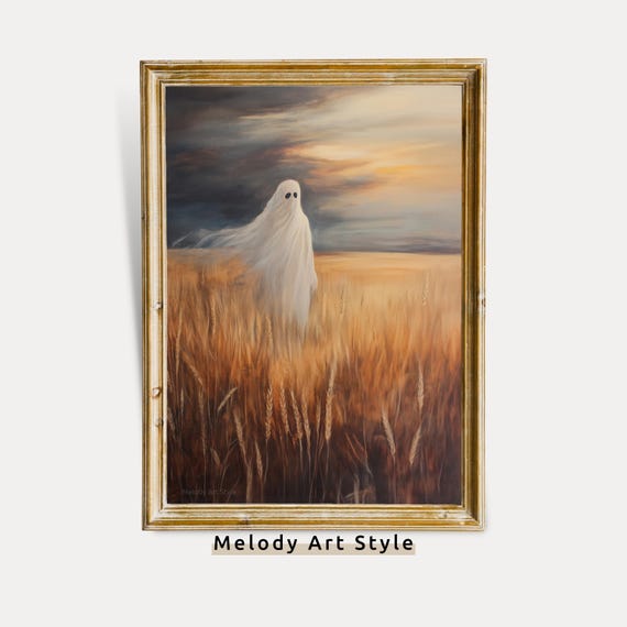 In Wheat Field Wall Art Spooky Halloween Decor Haunted Autumn Landscape Rustic Farmhouse Countryside Painting P669