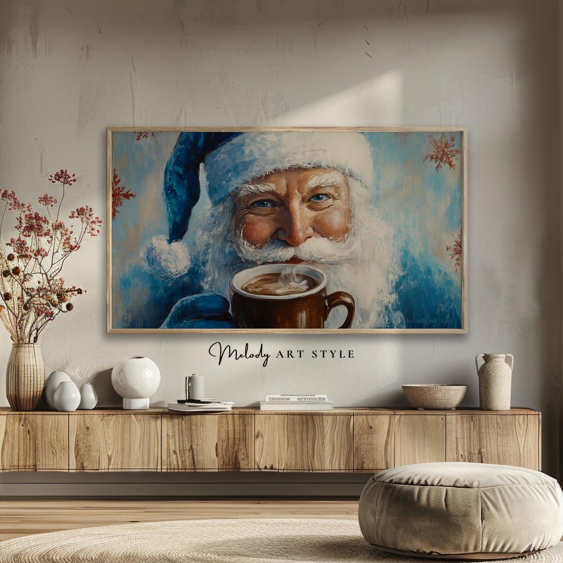 Santa With Hot Cocoa Frame Tv Art 4k 8k Vibrant Blue Santa Claus Christmas Oil Painting Wallpaper For Holiday Screensaver F125 - Image 2