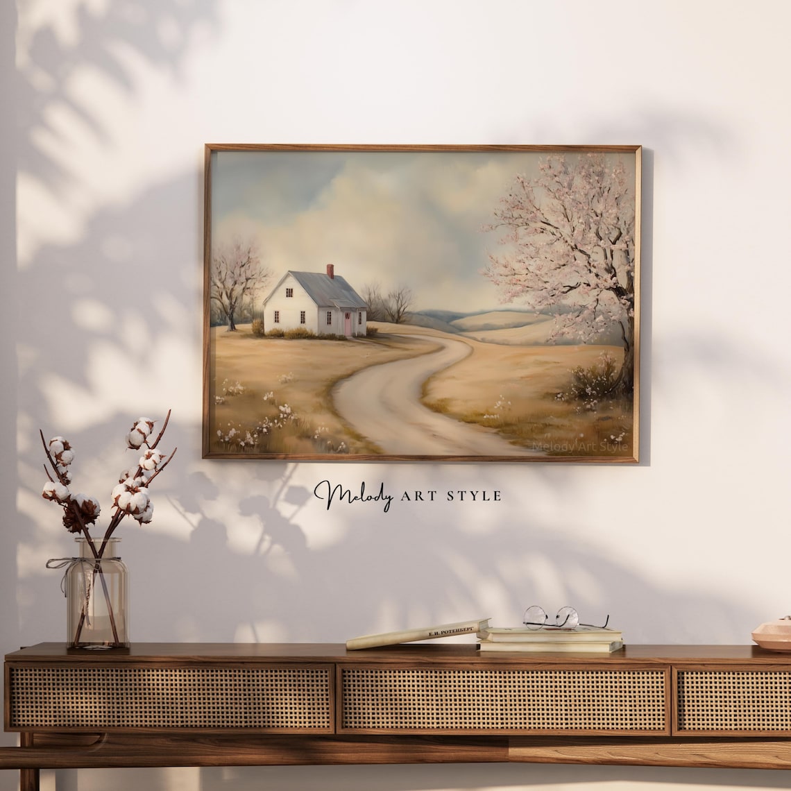 White Farmhouse At End Of Winding Road Spring Countryside Art Poster - Image 2