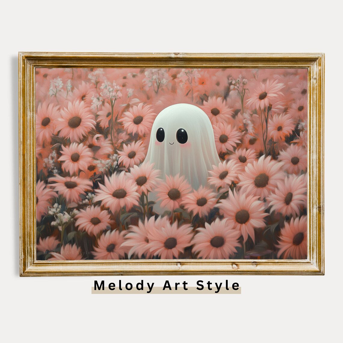 Cute Ghost In Pink Sunflower Field Vintage Halloween Spooky Season Art Print