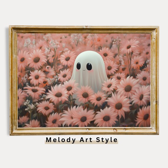 Cute Ghost In Pink Sunflower Field Vintage Halloween Spooky Season Art Print