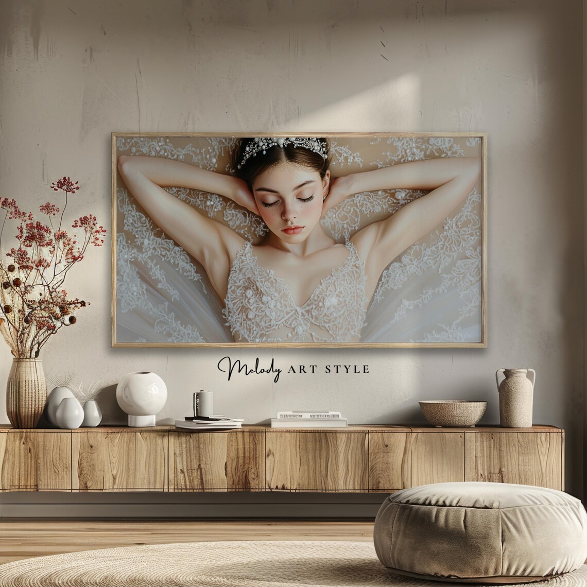 Bridal Portrait White Lace Gown Pearl Tiara Wedding Art Poster - Image 2