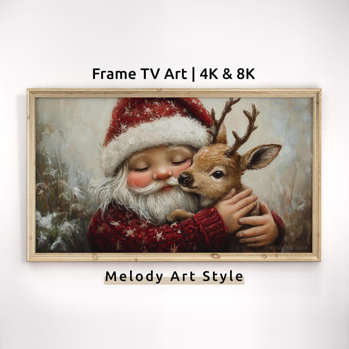 Santa Ganome With Baby Reindeer Frame Tv Art 4k 8k Cute Christmas Oil Painting Holiday Screensaver Artwork Wallpaper F130
