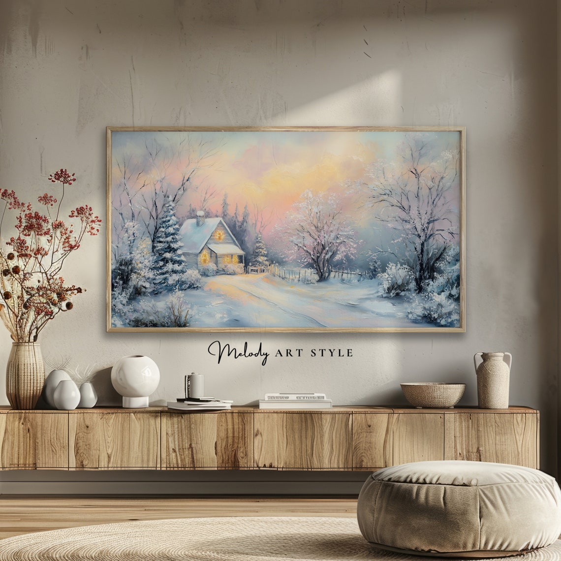 Pastel Winter Cabin Glowing Windows Snowy Morning Frame Poster - Image 2