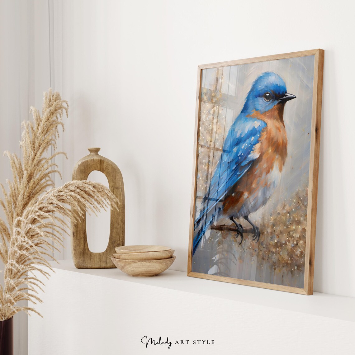 Vibrant Bluebird Perched On Branch Wildlife Oil Painting Poster - Image 2