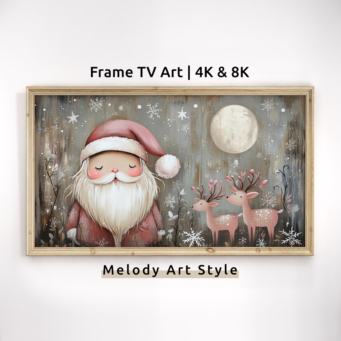 Pink Santa Claus And Reindeer Frame Tv Art 4k 8k Christmas Snowflakes Oil Painting Art For Tv Rustic Winter Artwork F147