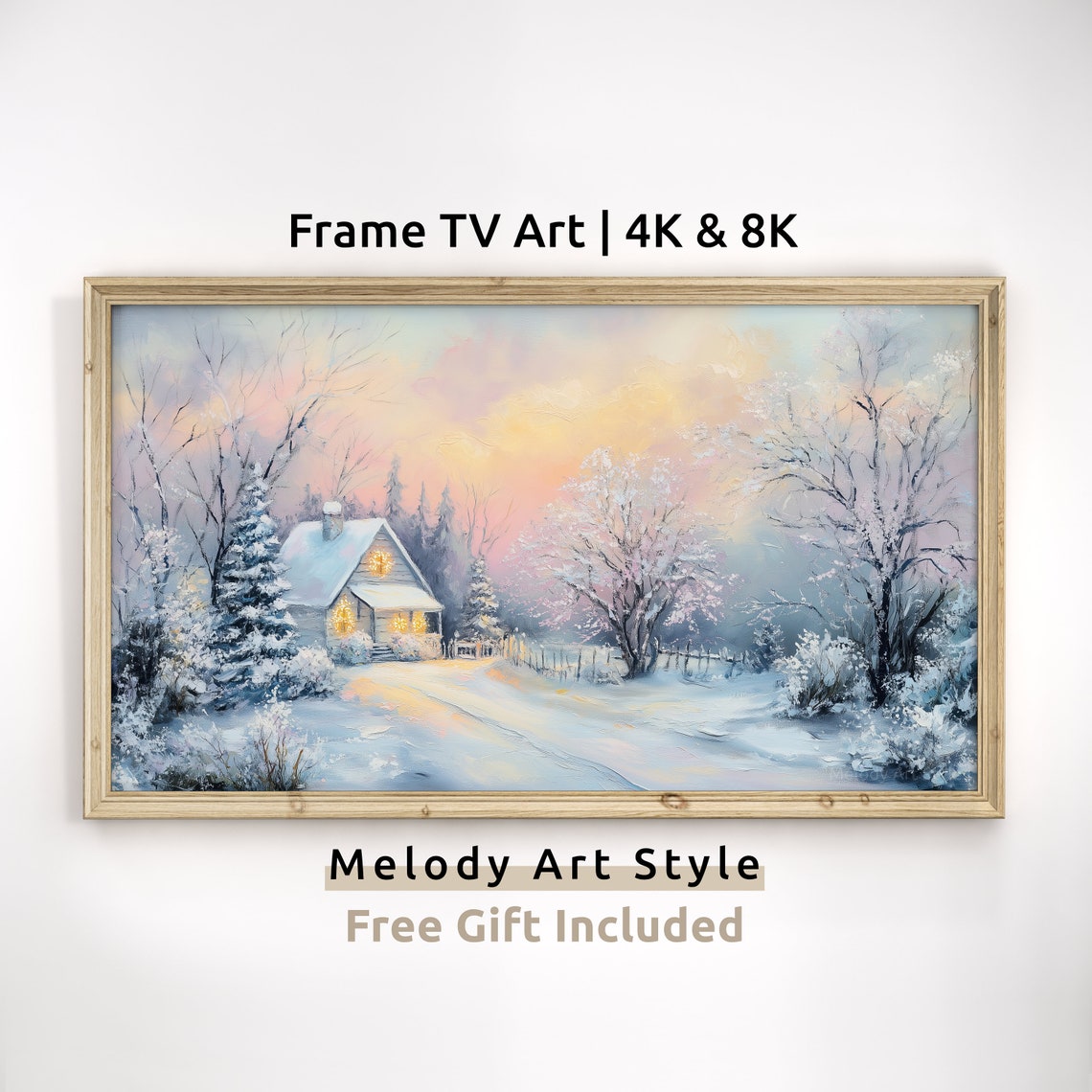 Pastel Winter Cabin Glowing Windows Snowy Morning Frame Poster