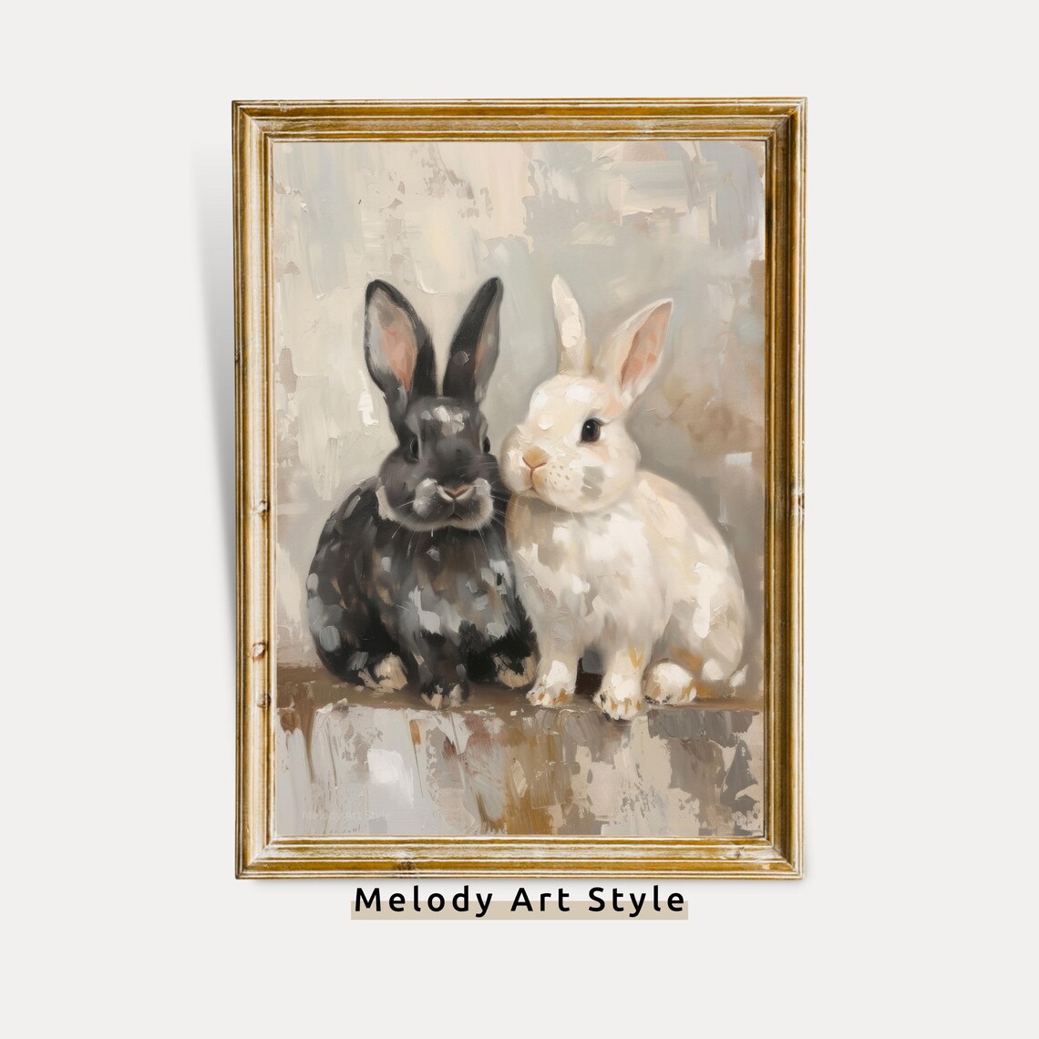 Black and White Bunnies Vintage Easter Portrait Art Print