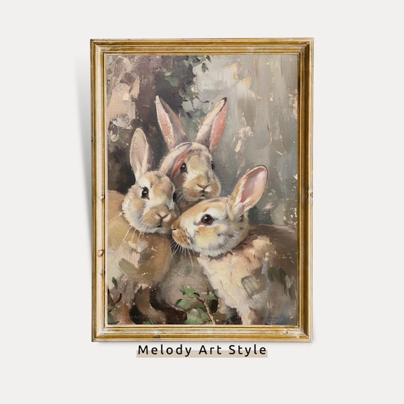 Trio Of Brown Rabbits Vintage Oil Painting Antique Bunny Art Poster