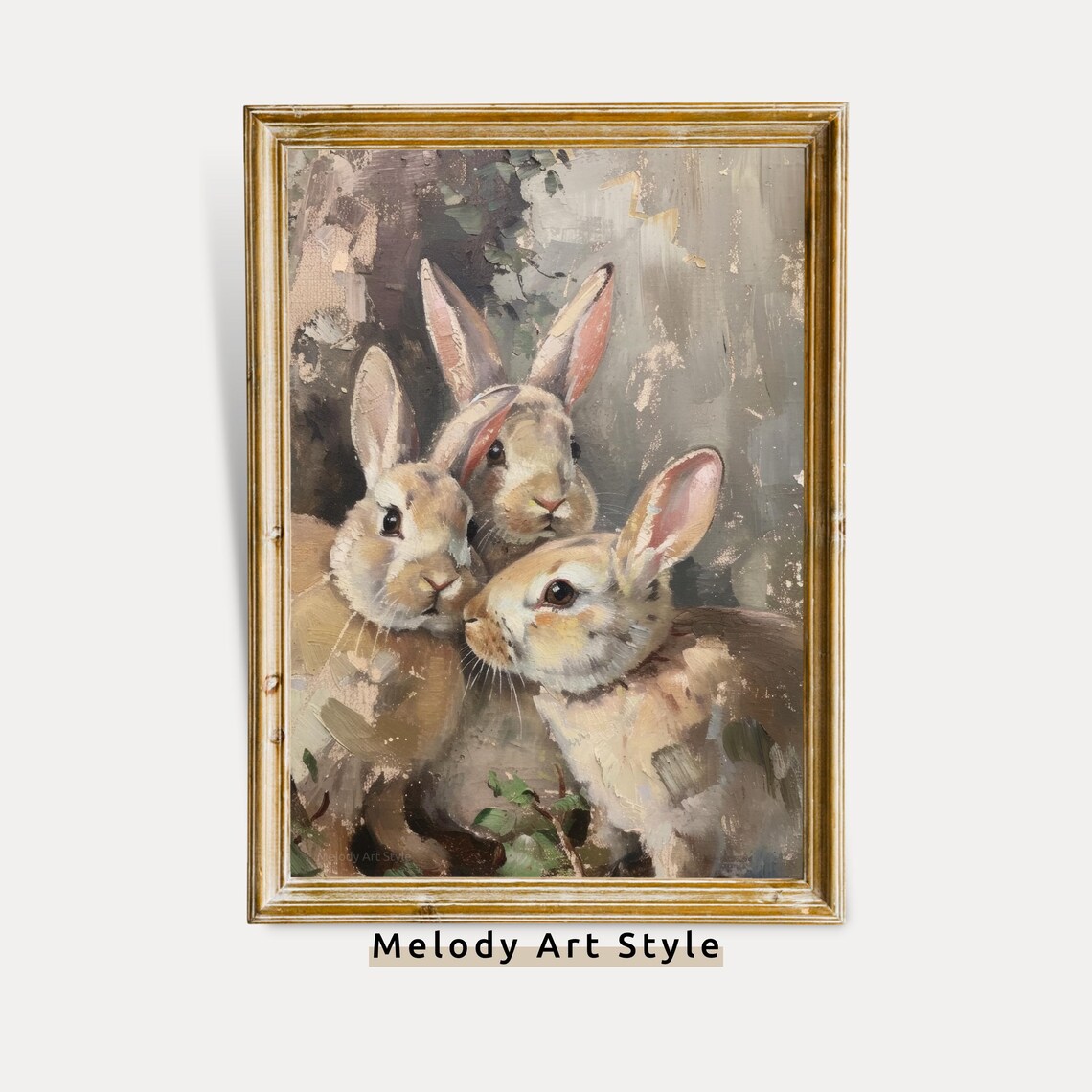 Trio Of Brown Rabbits Vintage Oil Painting Antique Bunny Art Poster
