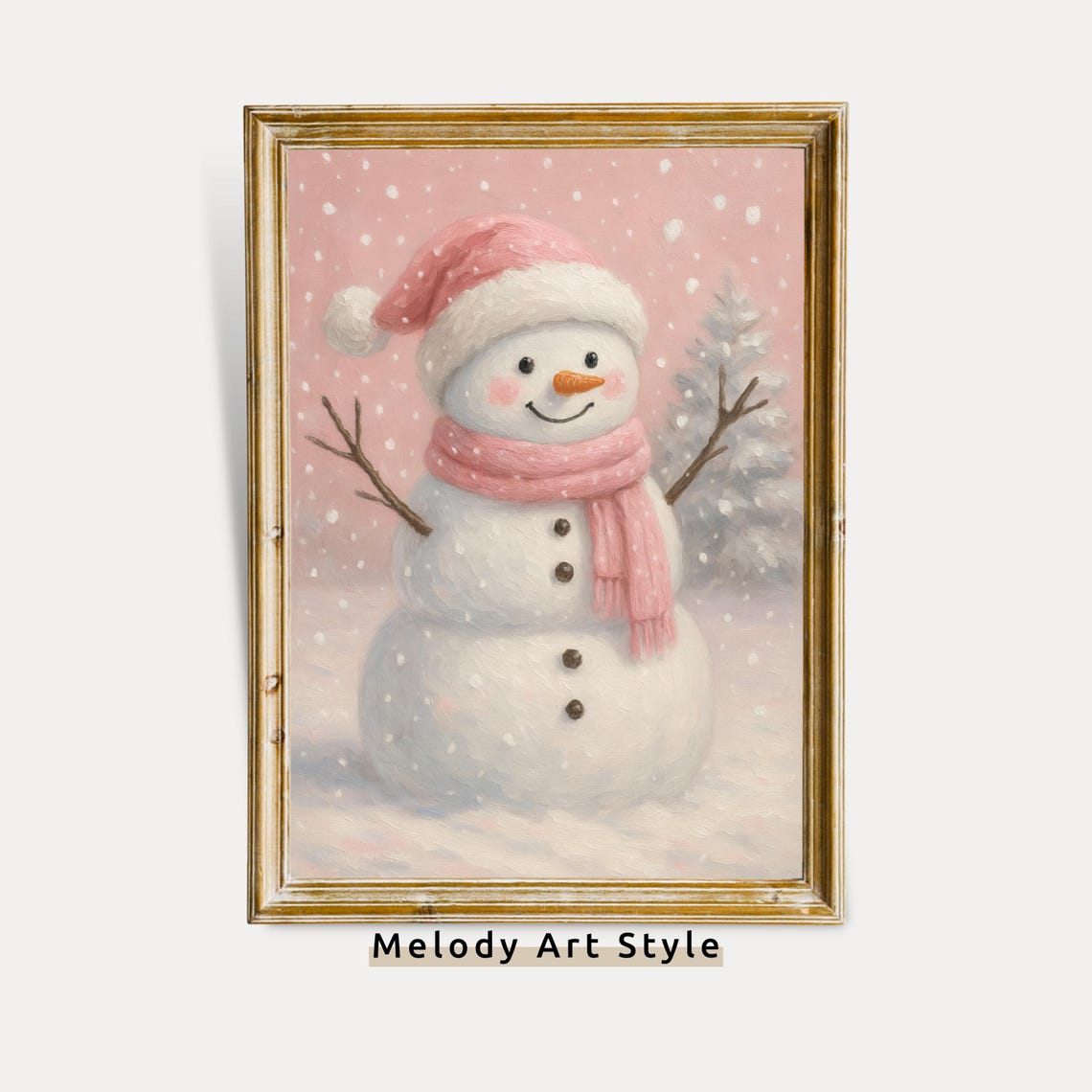 Cute Pink Snowman In Snowfall Pastel Christmas Holiday Poster