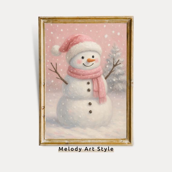 Pink Snowman Wall Art Cute Xmas Girly Holiday Decor Pastel Winter P689