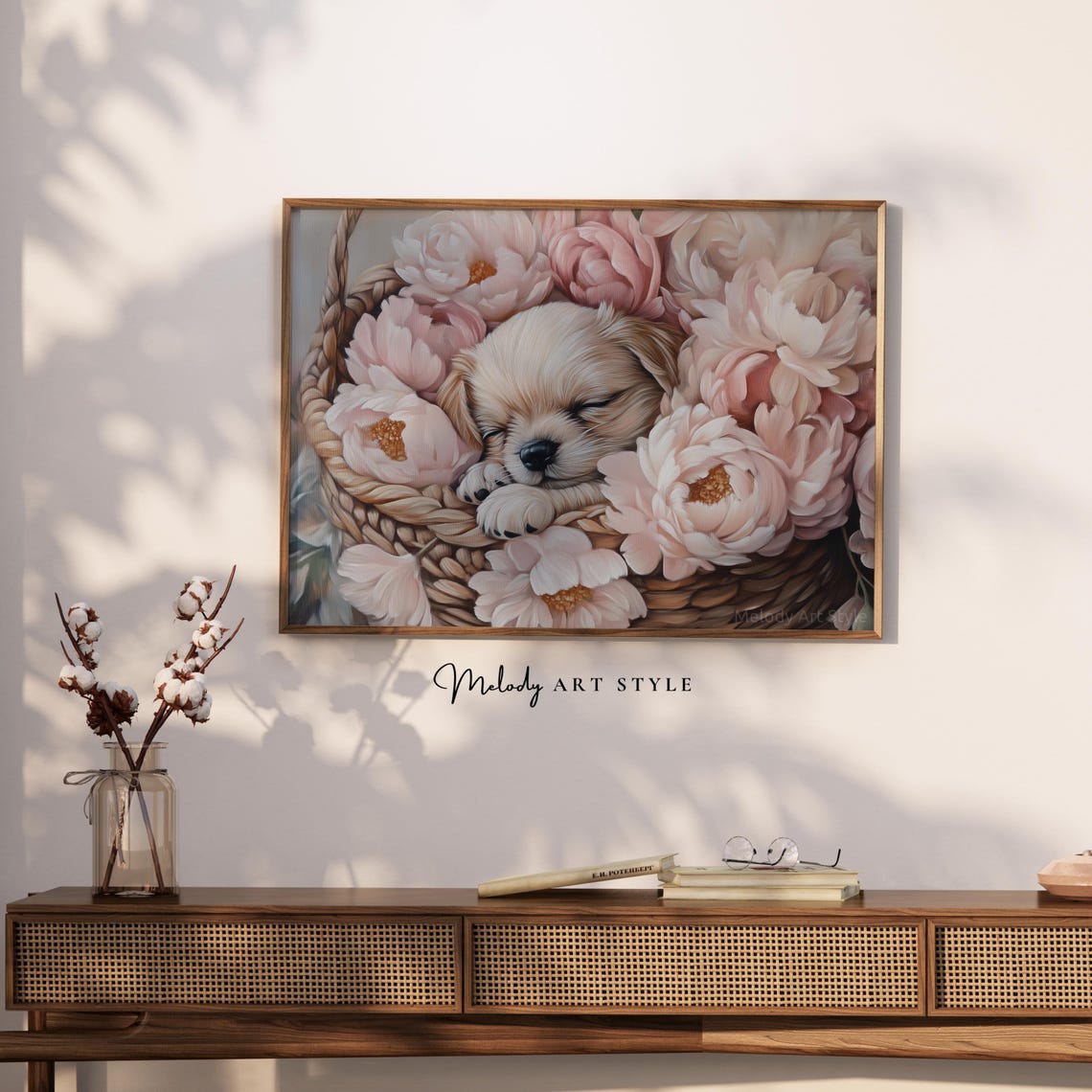 Spring Puppy Sleeping In Pink Peony Basket Pet Portrait Poster - Image 2