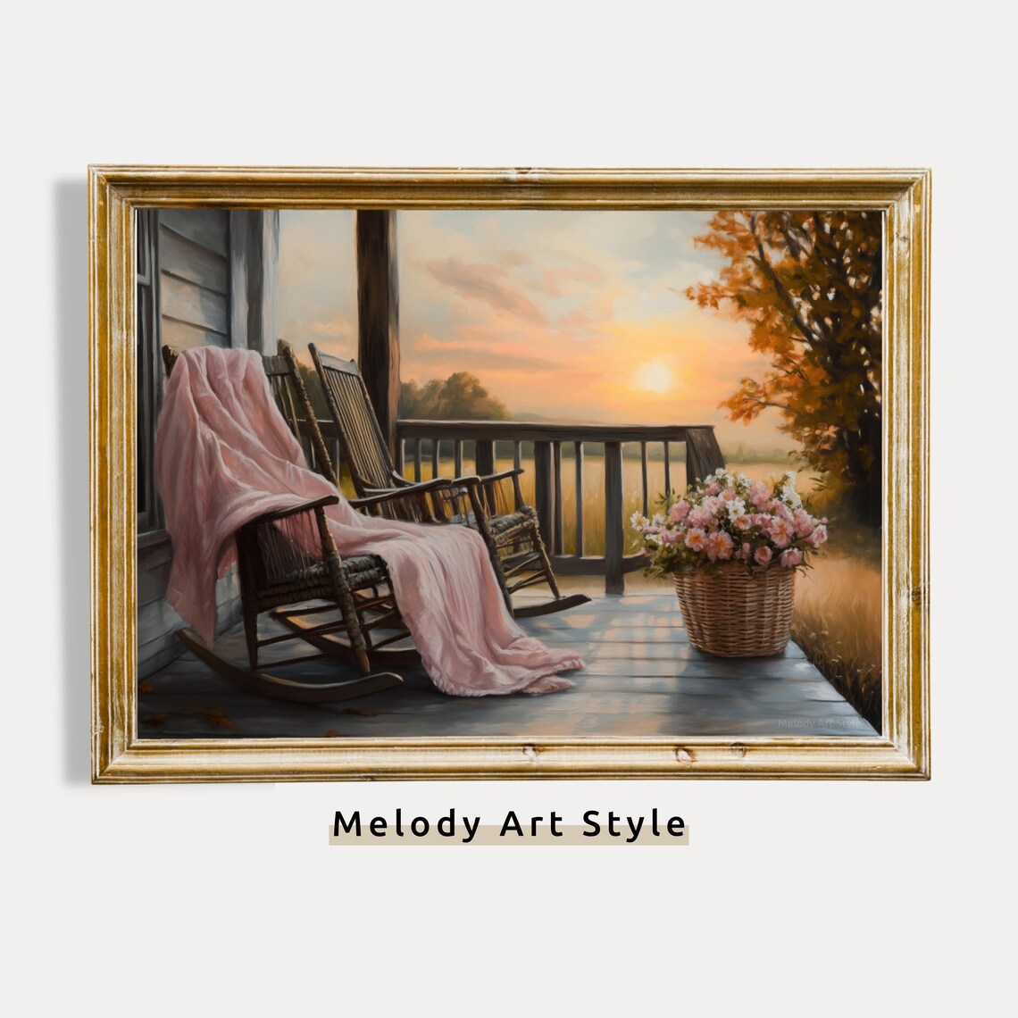 Farmhouse Porch at Sunset Rocking Chairs Rustic Country Decor Poster