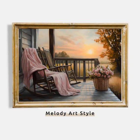 Farmhouse Porch at Sunset Rocking Chairs Rustic Country Decor Poster
