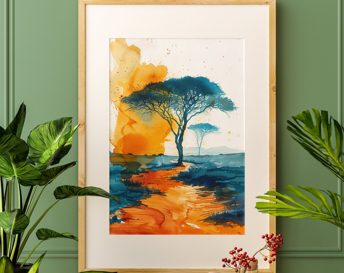 African Savanna Watercolor Acacia Tree Sunset Landscape Art Poster - Image 4