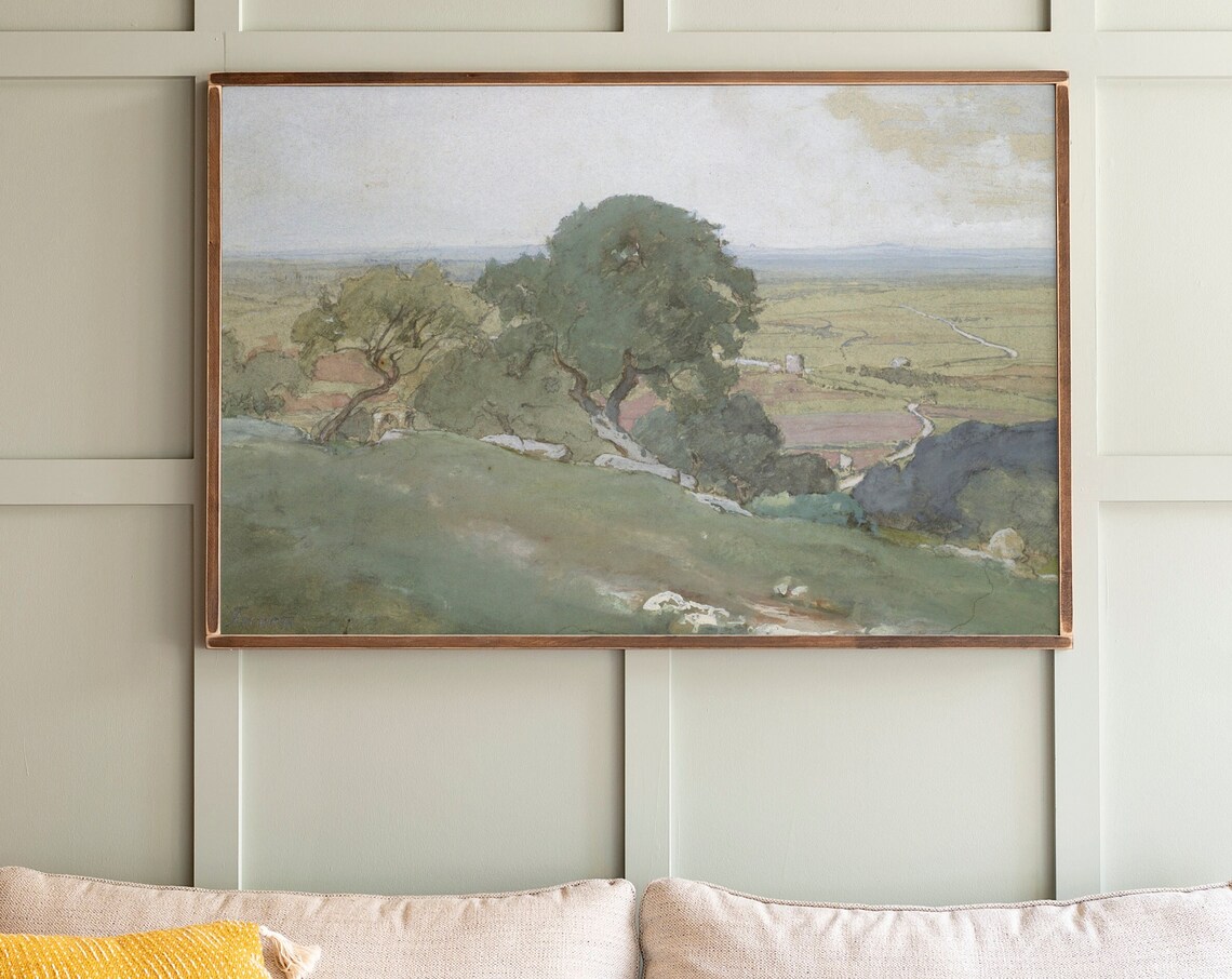 Green Hillside Vintage Landscape Poster Print