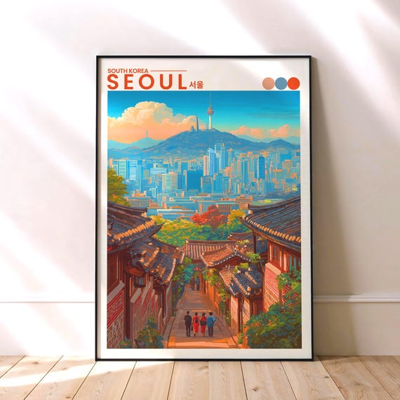 Seoul Travel Poster Hanok Streets N Tower Skyline Print