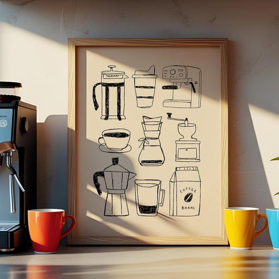 Coffee Bar Art Black Hand Drawn Kitchen Print Lover Gift Trendy Wall Poster Station Decor 53
