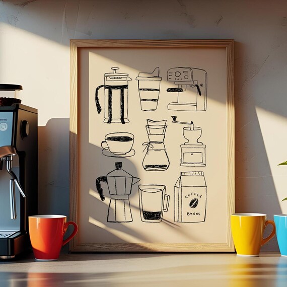 Coffee Brewing Methods Hand Drawn Kitchen Print French Press Art