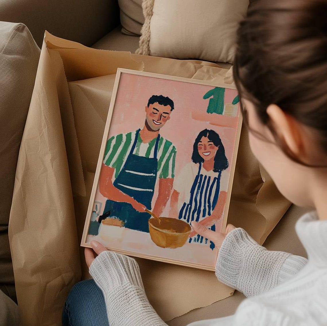 Happy Couple Cooking Together in Kitchen Wearing Aprons Art Poster - Image 4