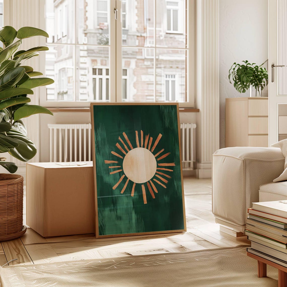 Abstract Sunburst Gold Rays Emerald Green Nursery Art Poster - Image 2