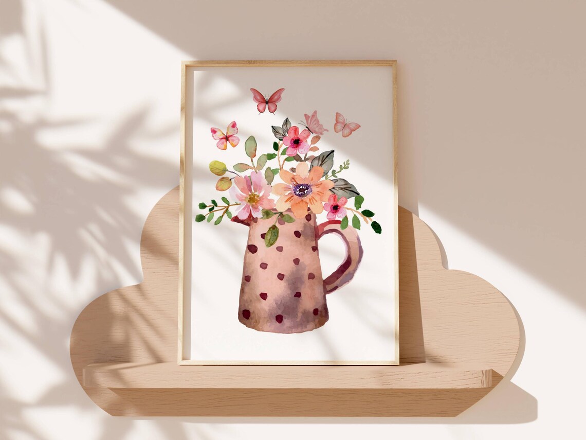 Pink Floral Bouquet In Dotted Pitcher Watercolor Gift Art Poster - Image 4