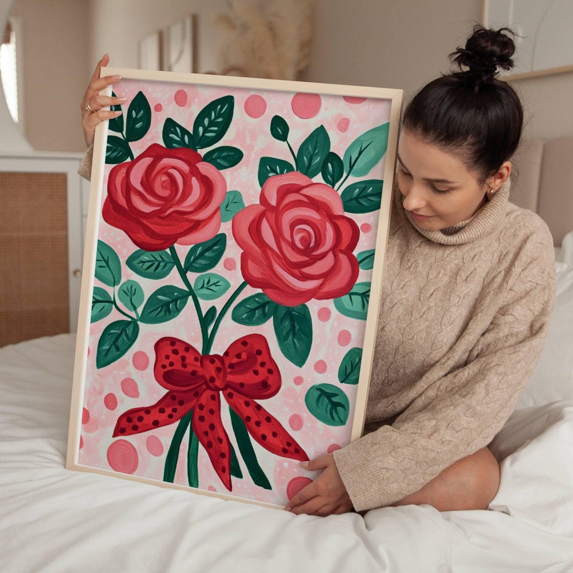Red Roses Tied with Polka Dot Bow Coquette Girly Floral Art Poster - Image 4