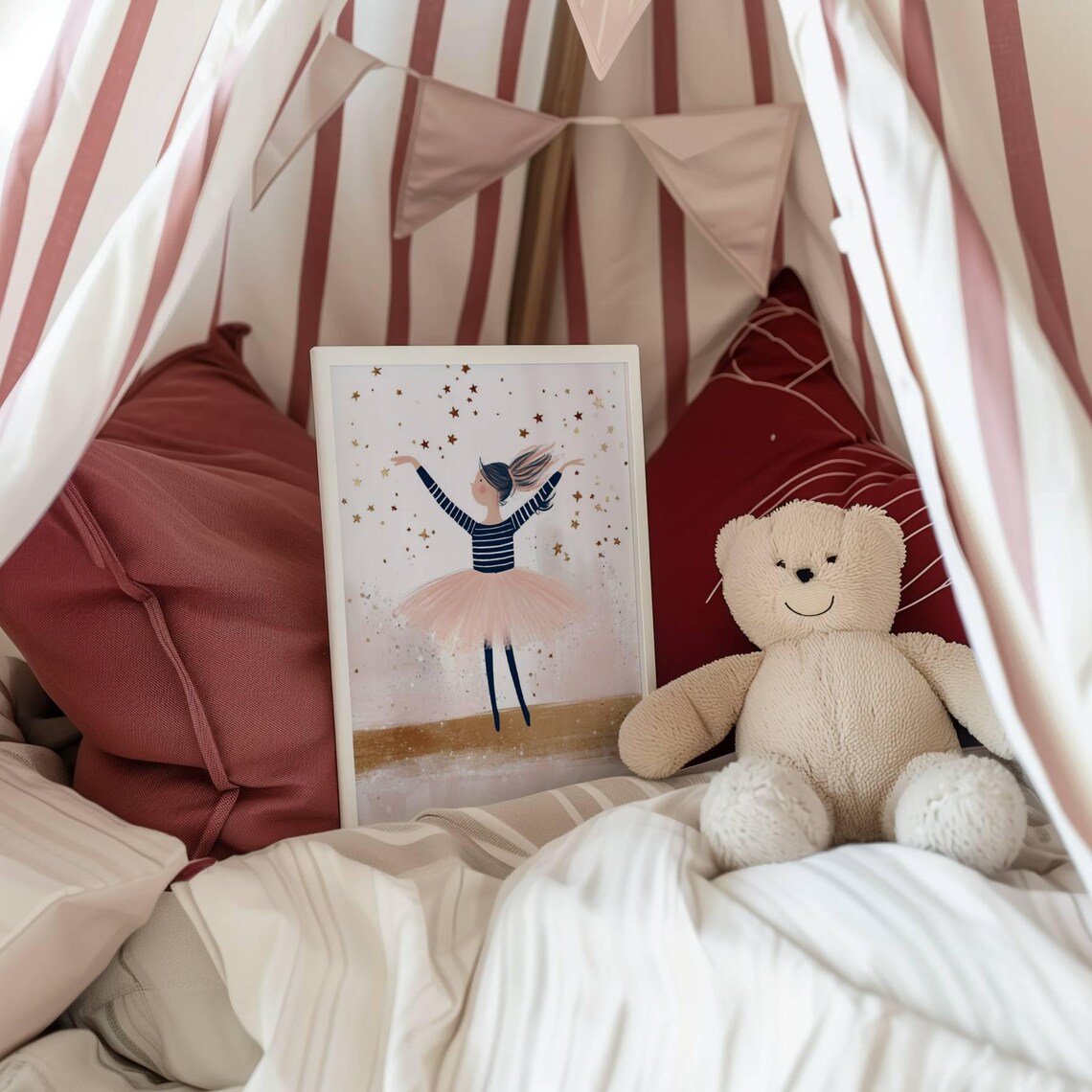 Little Ballerina in Pink Tutu Arms Raised Gold Stars Art Poster - Image 2