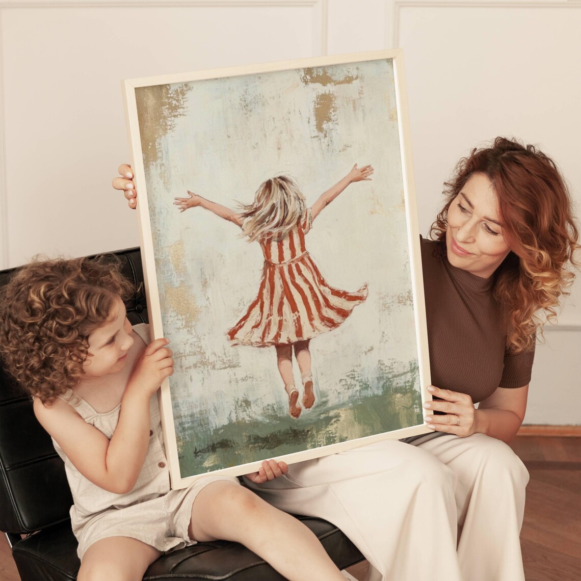 Girl in Red Striped Dress Jumping with Arms Raised Art Poster - Image 2