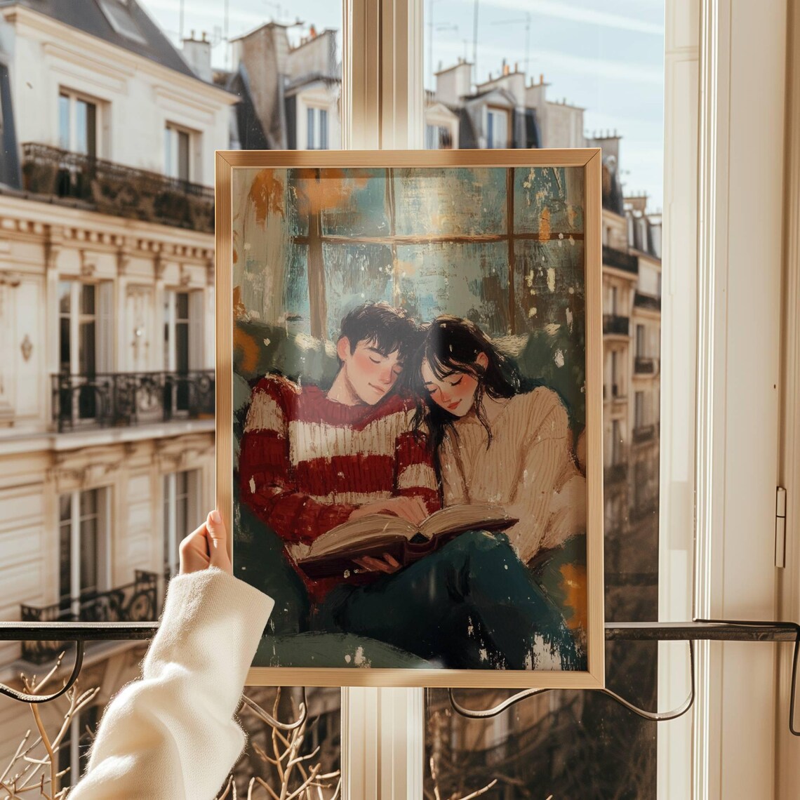 Cozy Couple Reading a Book Together by Window Warm Room Art Poster - Image 3