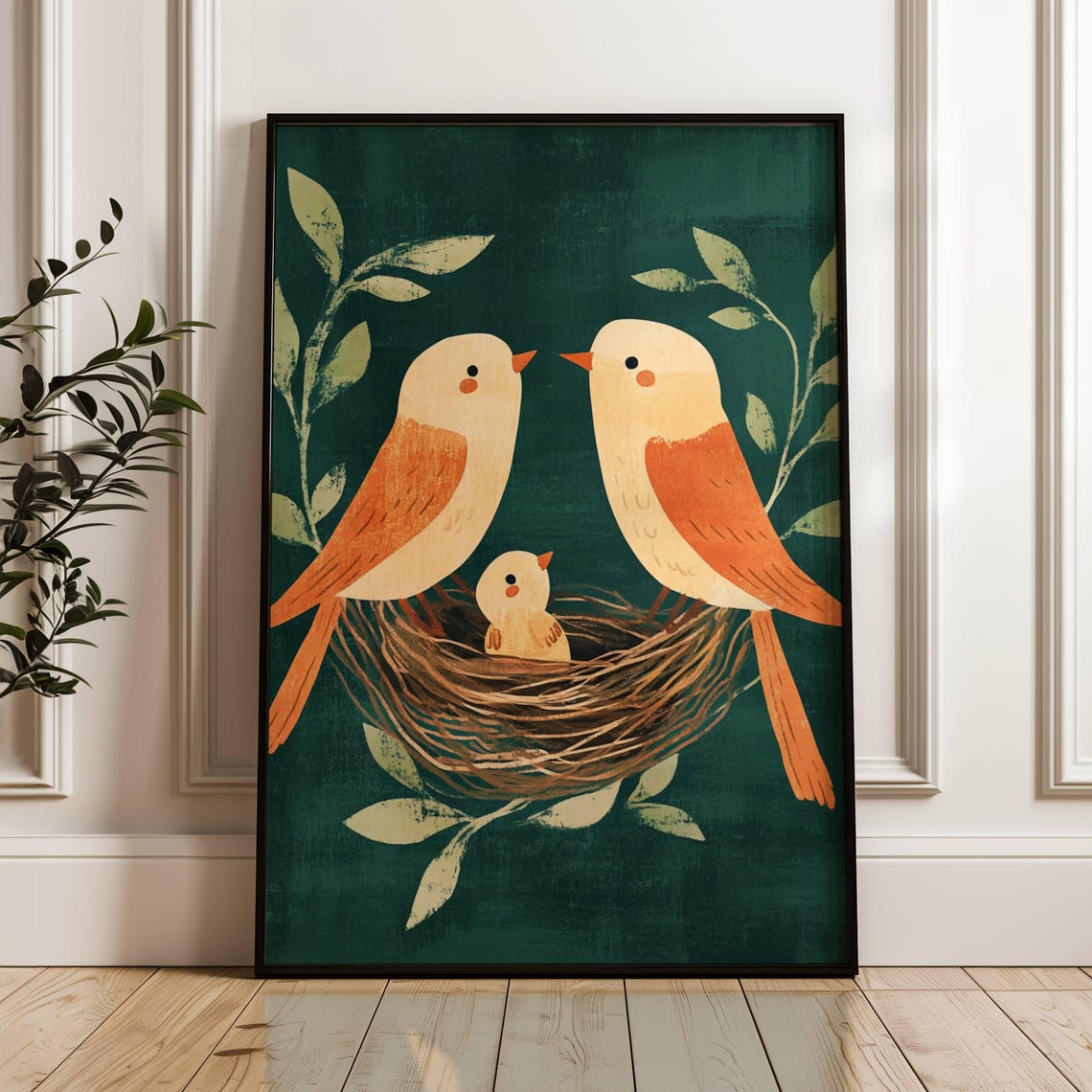 Two Birds With Chick In Nest Green Botanical Nursery Art Poster - Image 3