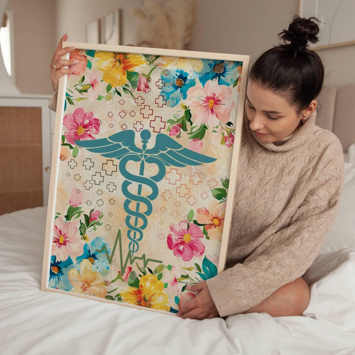 Teal Caduceus Floral Watercolor Medical Student Gift Art Poster - Image 4