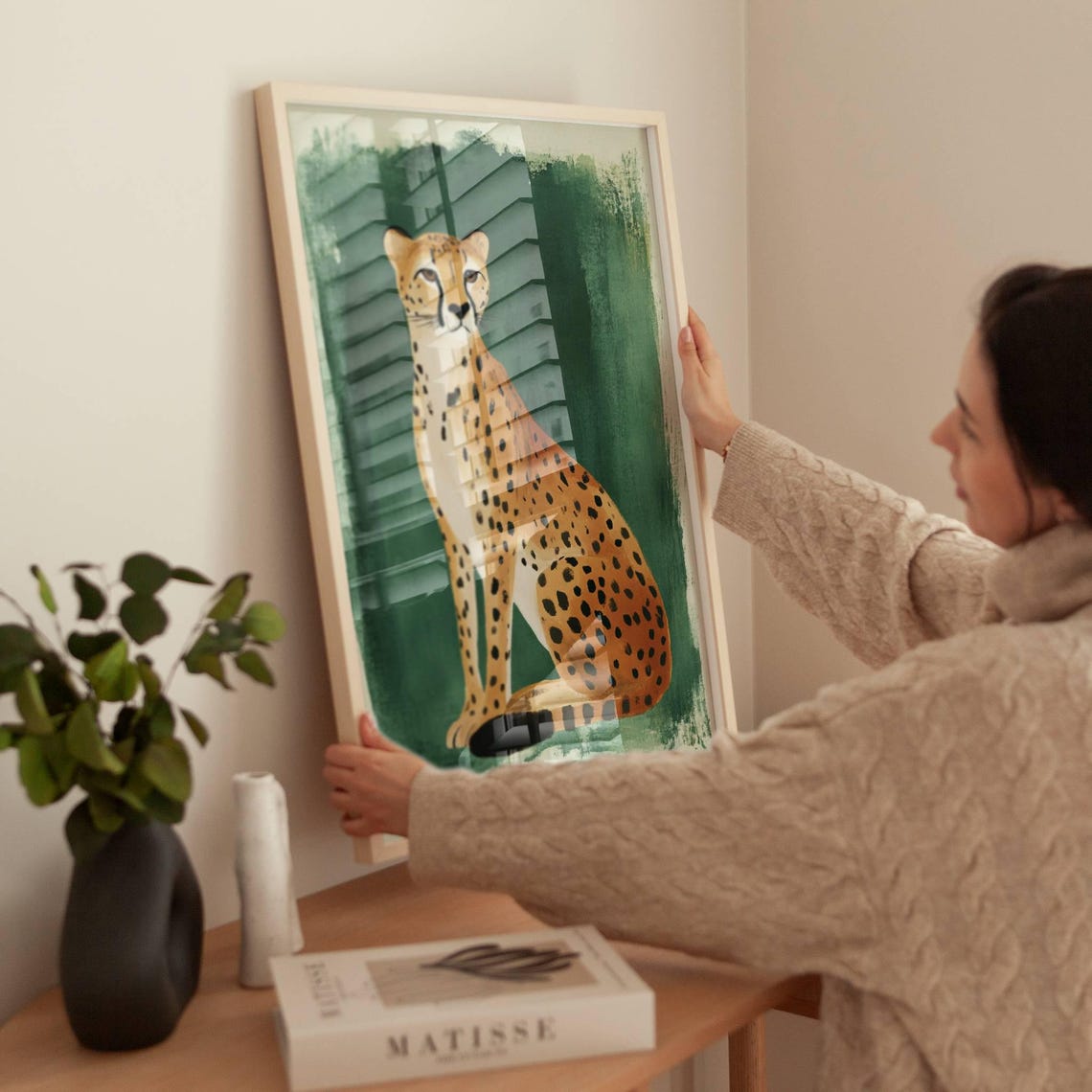Spotted Wild Cat Sitting Portrait Emerald Green Watercolor Poster - Image 2