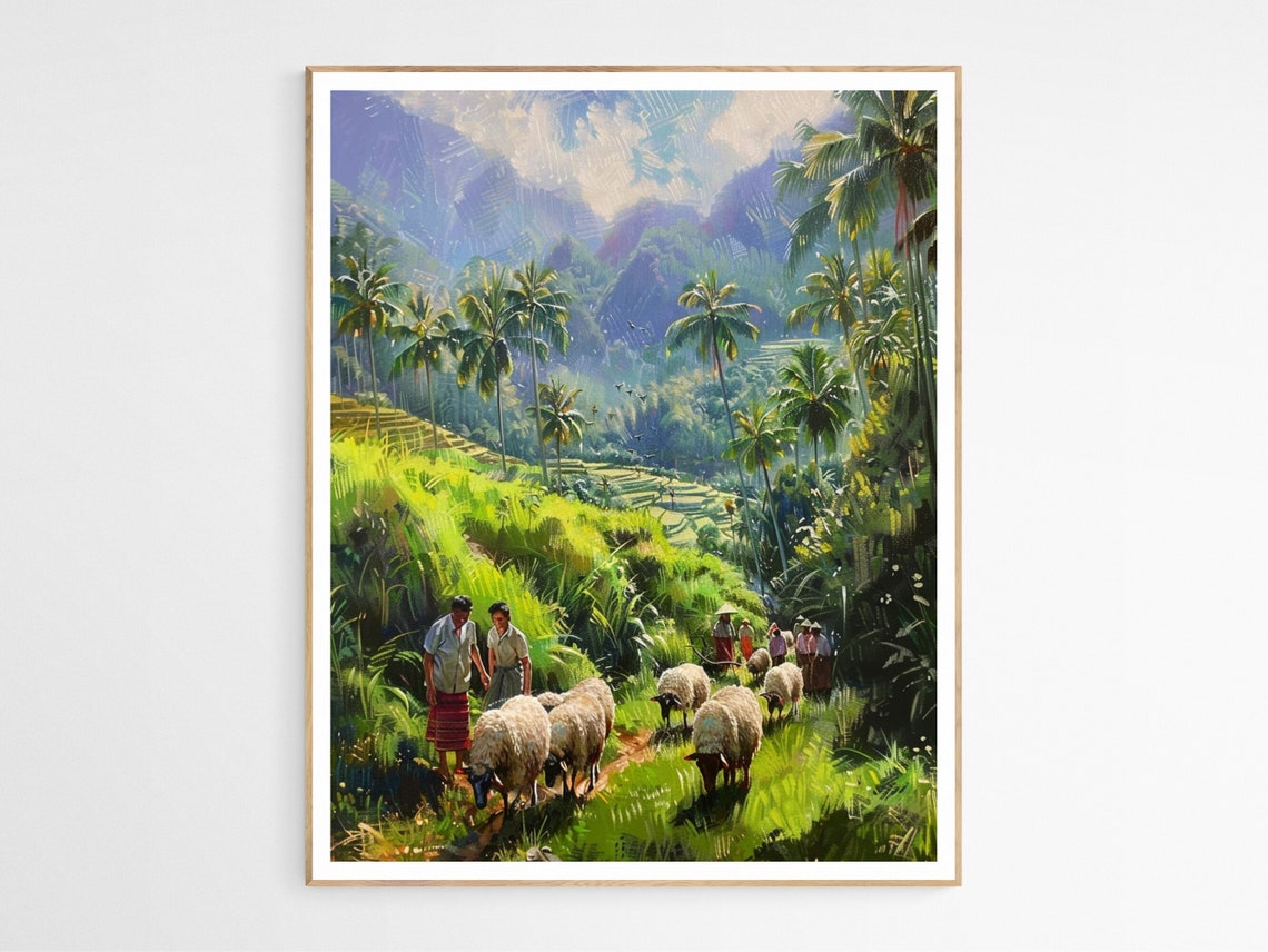 Filipino Villagers Herding Sheep In Lush Green Valley Painting Poster