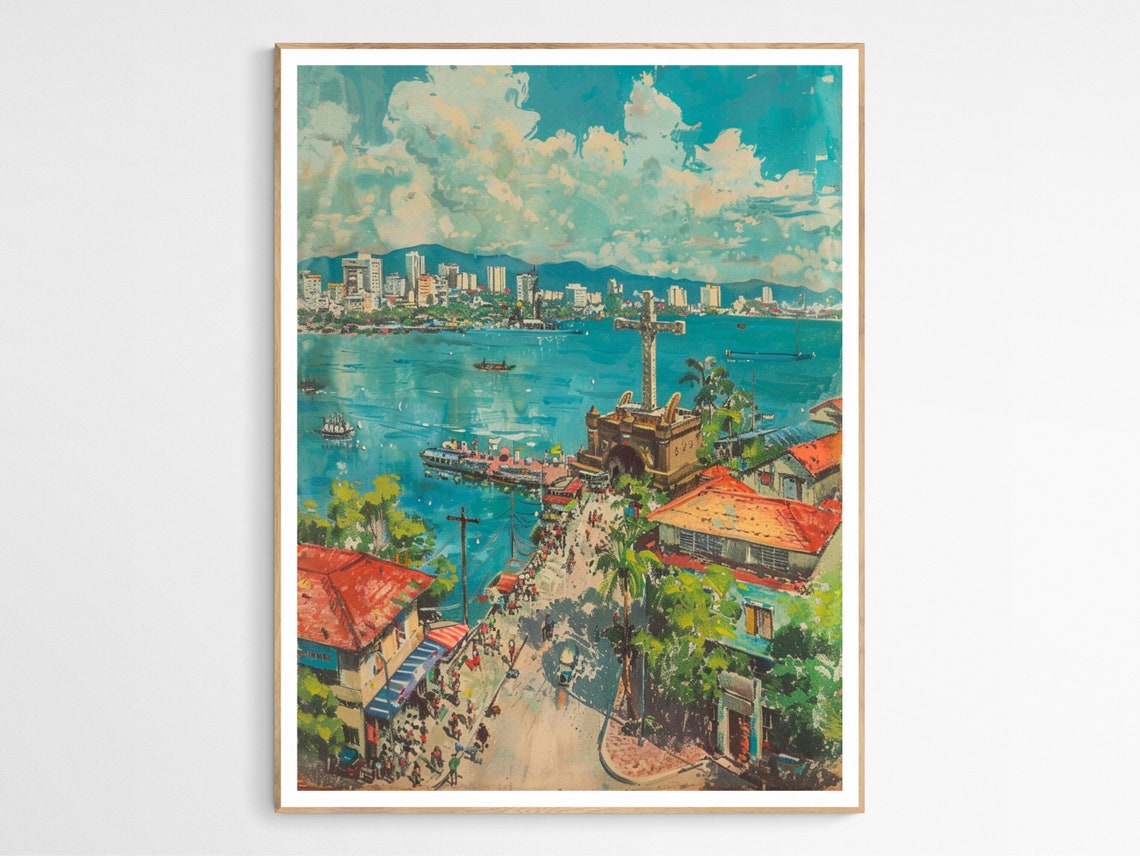 Retro Cebu City Harbor Cross Monument Vintage Style Travel Poster